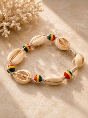Natural Shell and Rasta Bead Adjustable Bracelet - Women